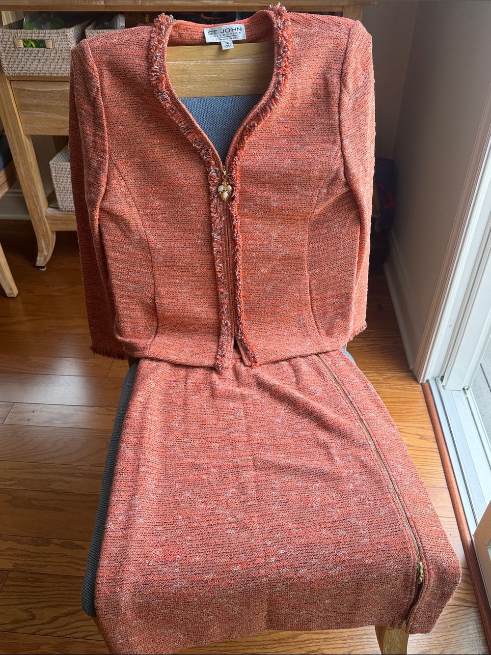 St. John Coral Tweed Midi Two-Piece Suit with Jeweled Closure